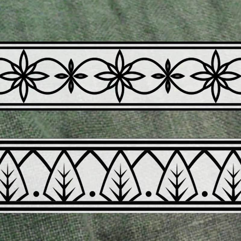 Two drawn borders, one of eight-petalled flowers in rings, one of leaf-trees in arches