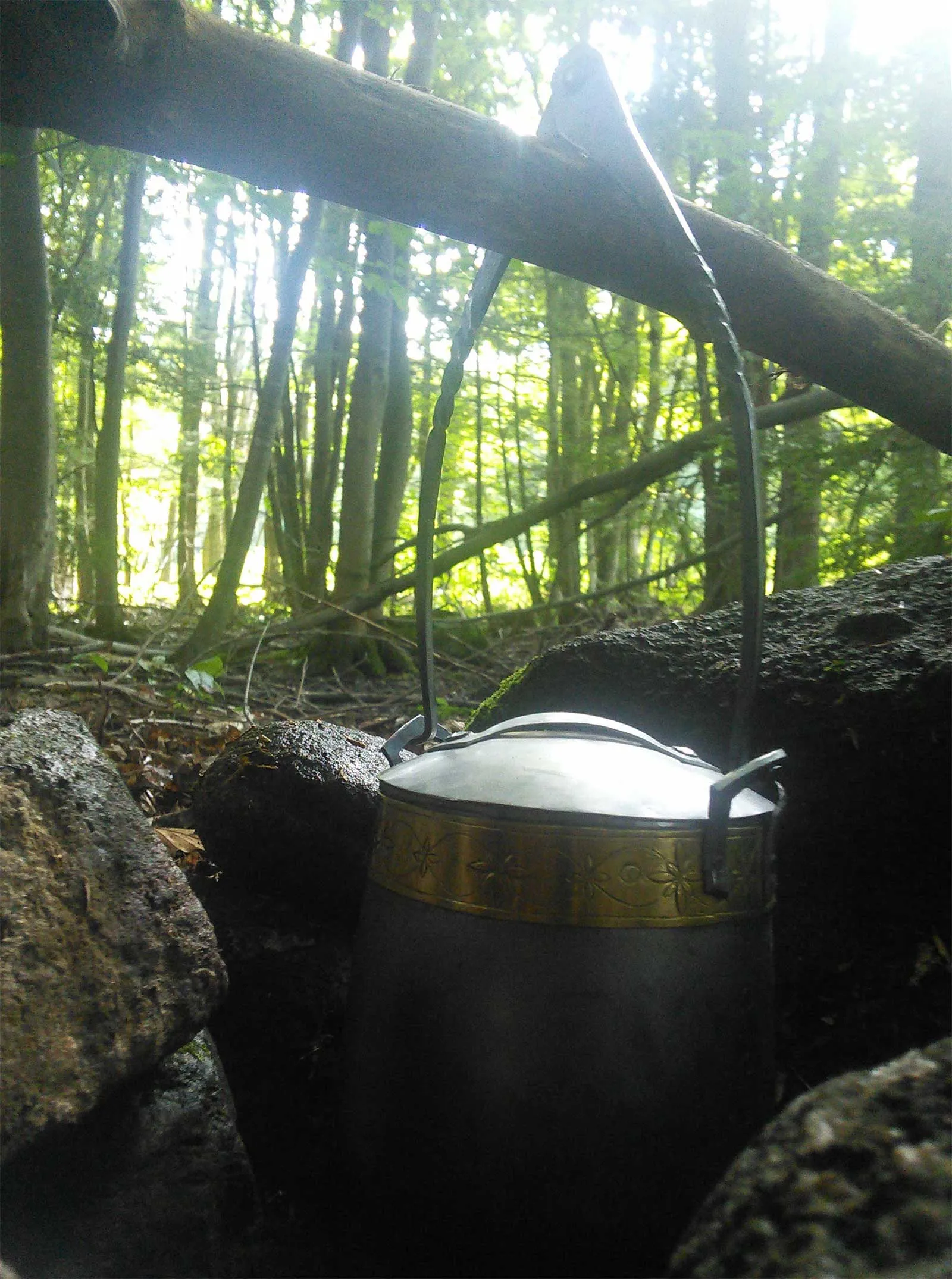 A kettle with a bright engraved band hanging beneath a rock overhang, woods behind